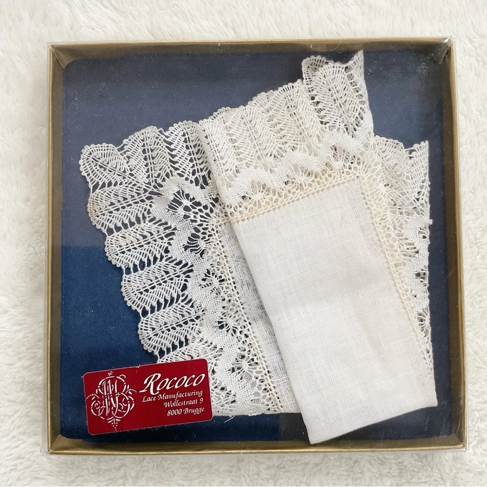 Vintage Bruges Belgium Bobbin Lace Handkerchief Rococo Boxed Linen Bridal Hankie